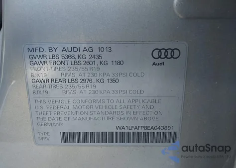2014 Audi Q5 2.0T Premium из США, поврежденный, VIN WA1LFAFP8EA043891